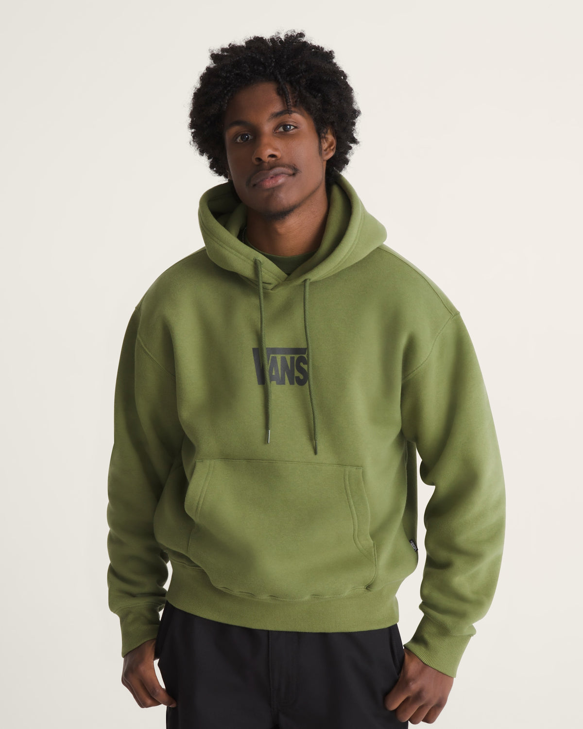 Vans Men's Stretch Logo Pullover Hoodie in Green Balsam, on model front