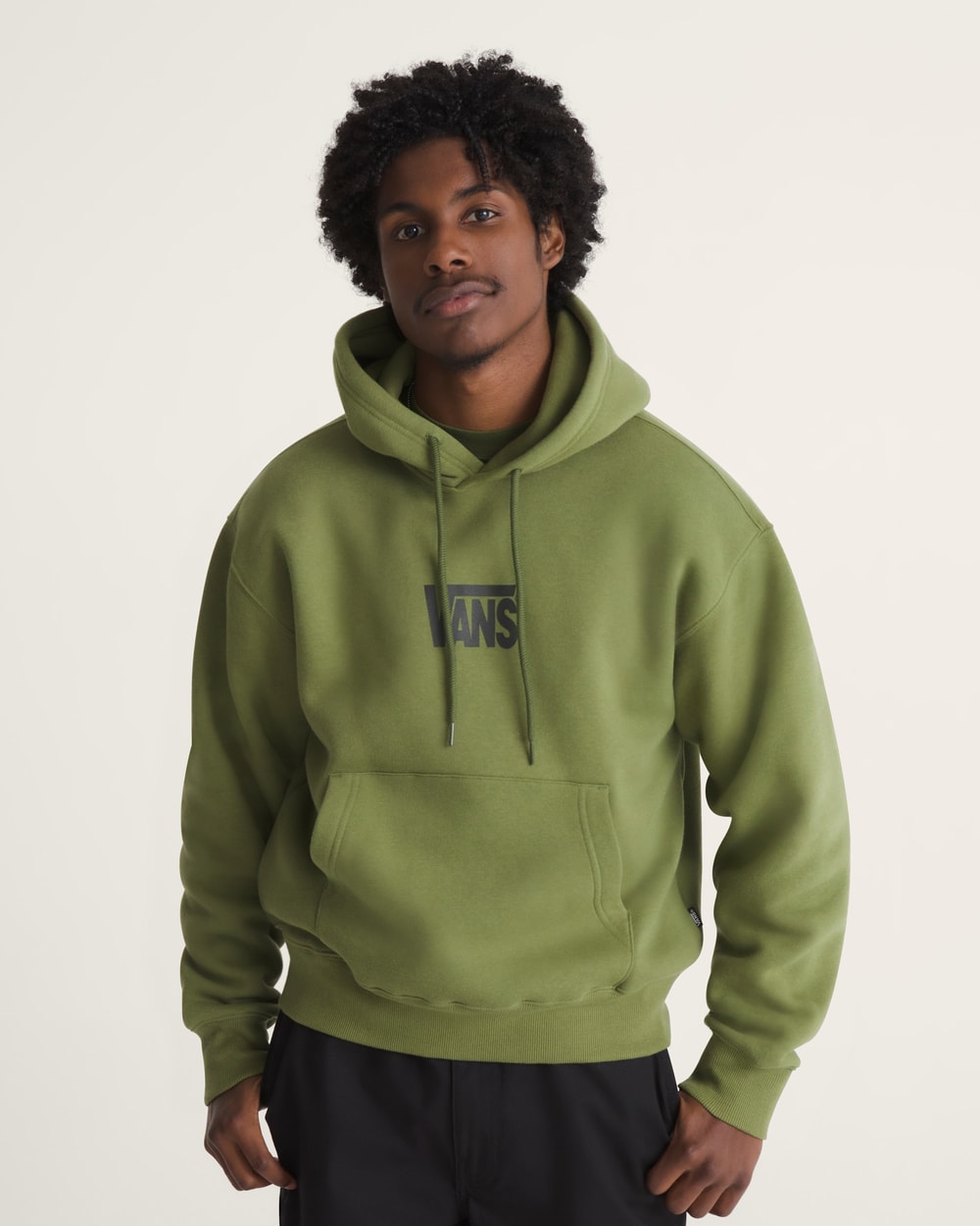 Vans Men's Stretch Logo Pullover Hoodie in Green Balsam, on model front