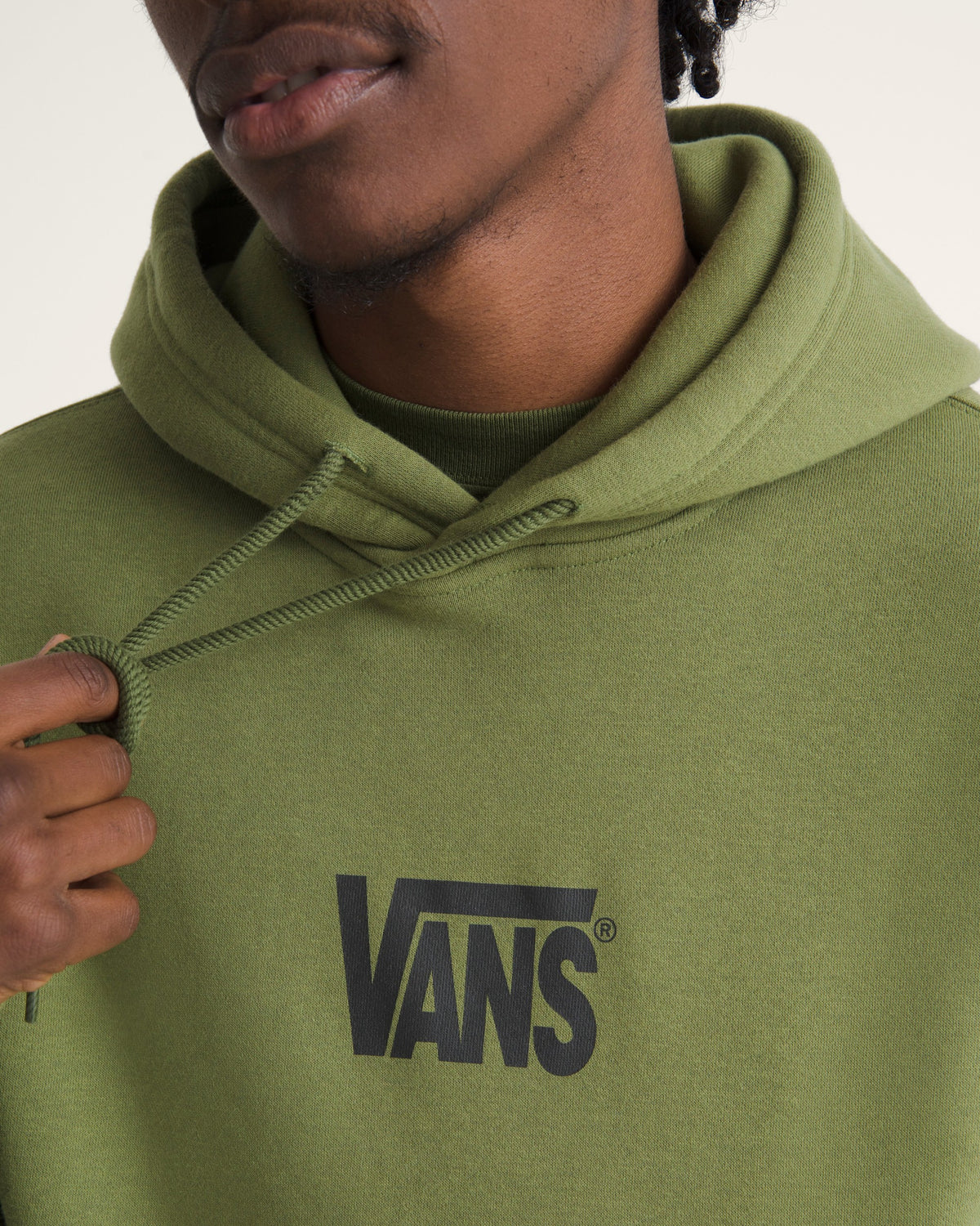 Vans Men's Stretch Logo Pullover Hoodie in Green Balsam, chest logo detail