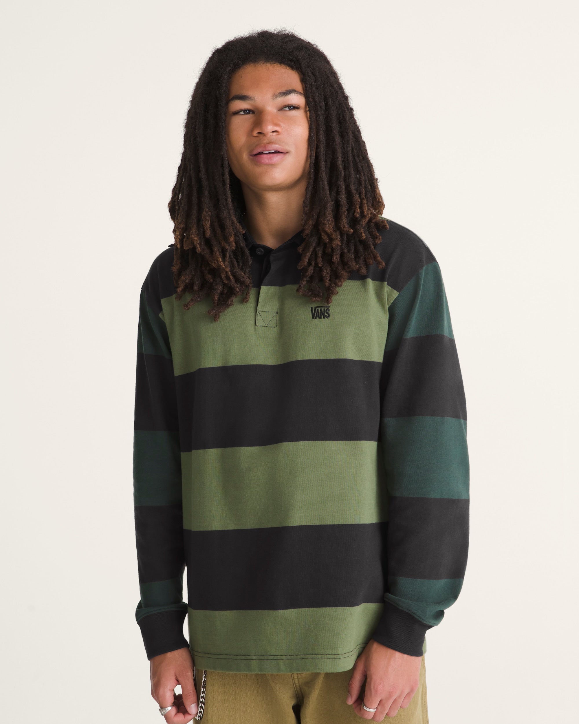 Vans 2-Tone Stripe Ward Rugby Long Sleeve in Black/Green Balsam — on-model front