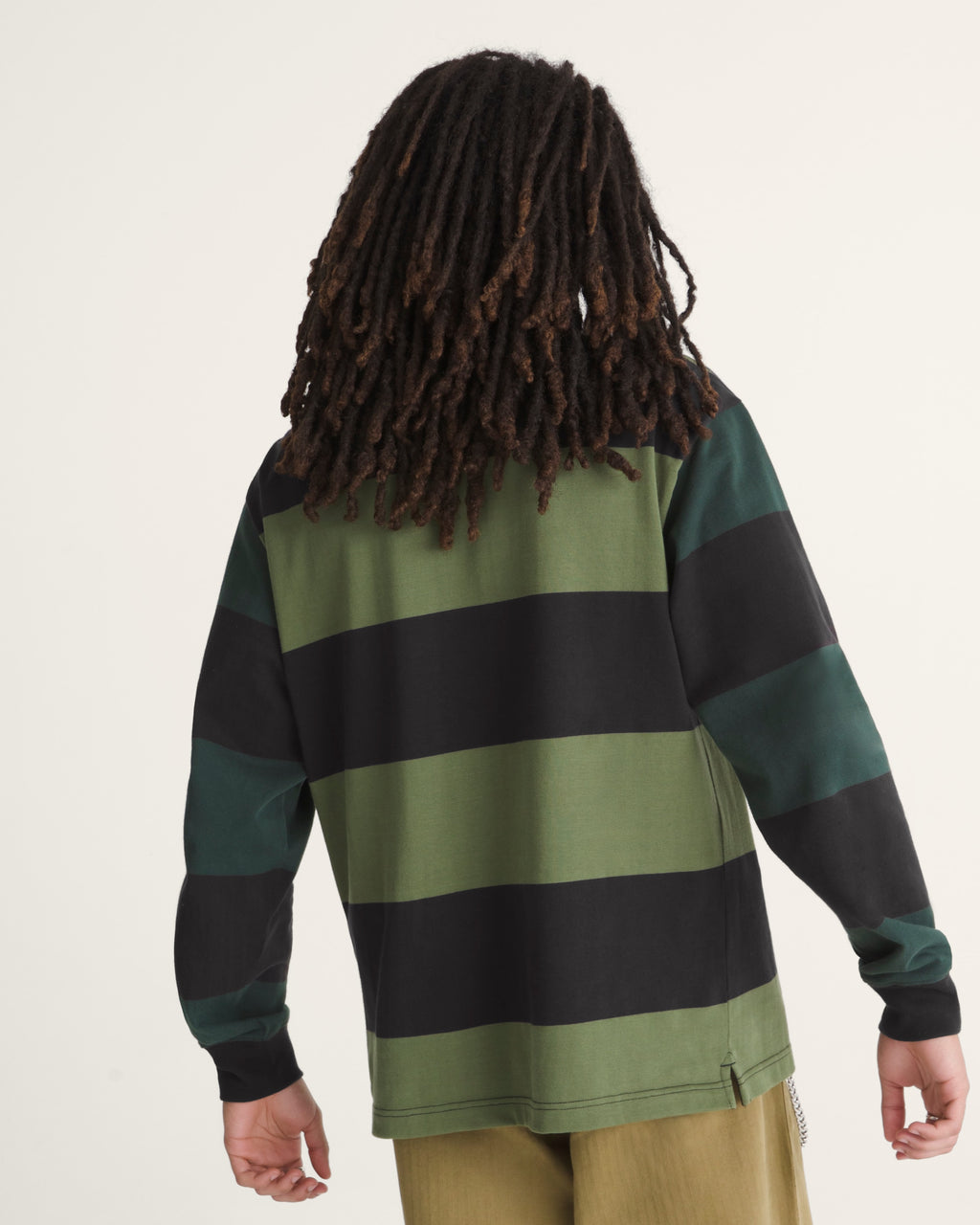 Vans 2-Tone Stripe Ward Rugby Long Sleeve in Black/Green Balsam — on-model back