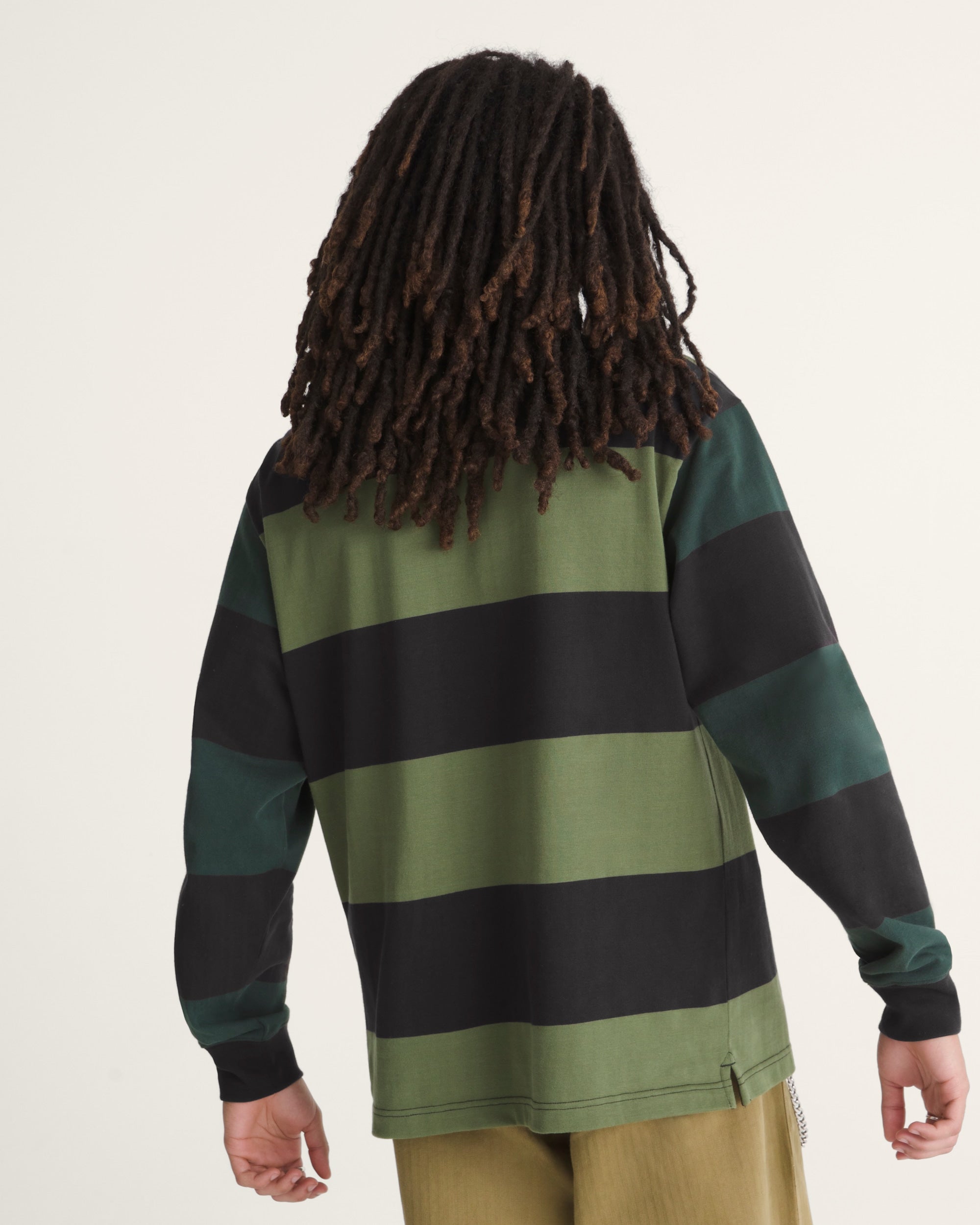 Vans 2-Tone Stripe Ward Rugby Long Sleeve in Black/Green Balsam — on-model back