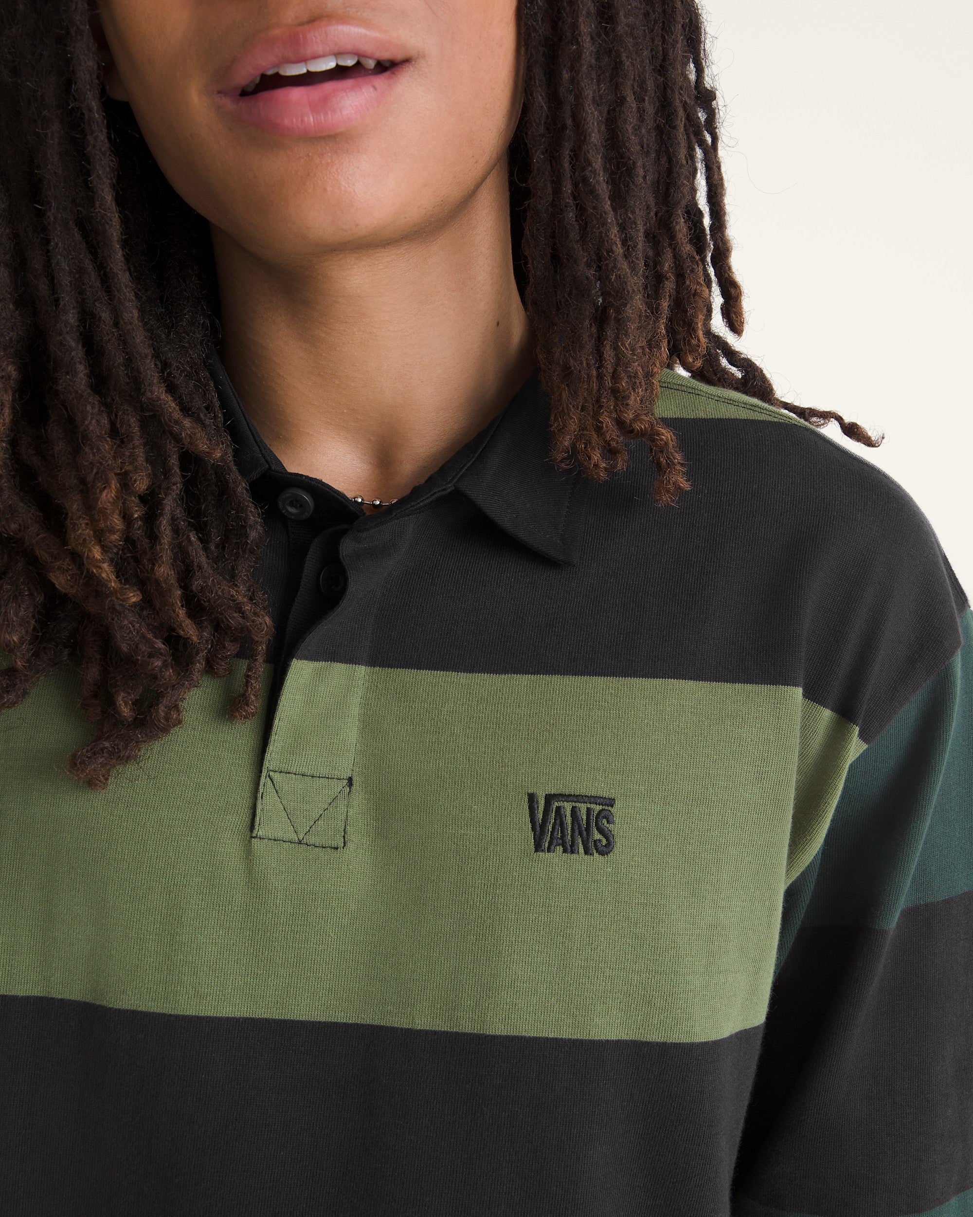 Vans 2-Tone Stripe Ward Rugby Long Sleeve in Black/Green Balsam — chest logo detail