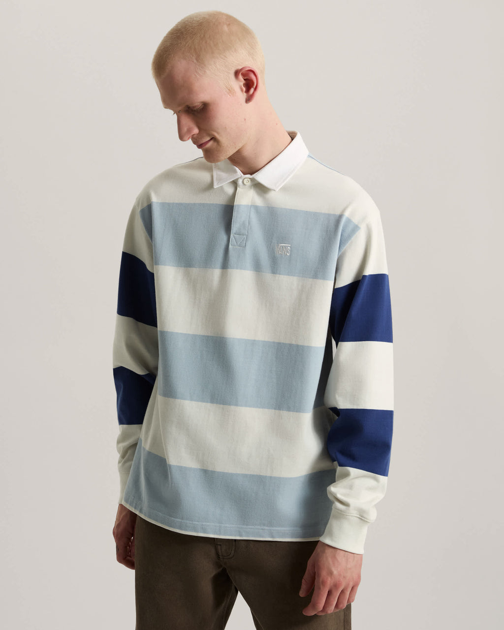 Vans 2-Tone Stripe Ward Rugby Long Sleeve in Marshmallow/Soft Slate — on-model front