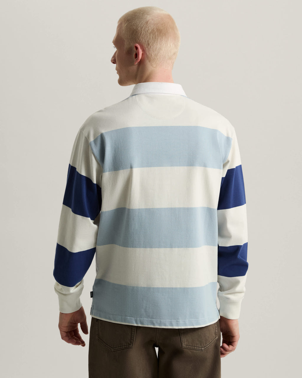 Vans 2-Tone Stripe Ward Rugby Long Sleeve in Marshmallow/Soft Slate — on-model back