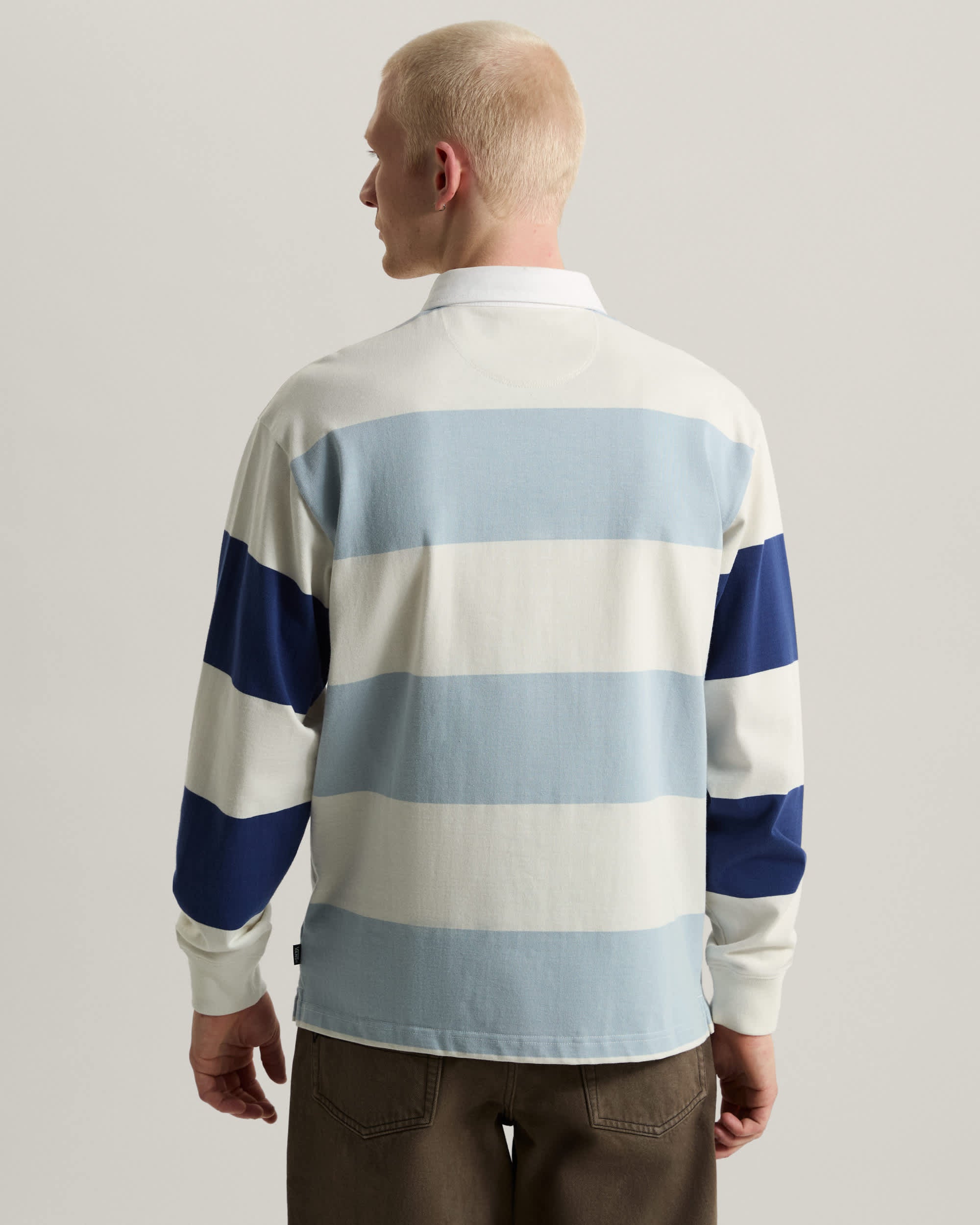 Vans 2-Tone Stripe Ward Rugby Long Sleeve in Marshmallow/Soft Slate — on-model back