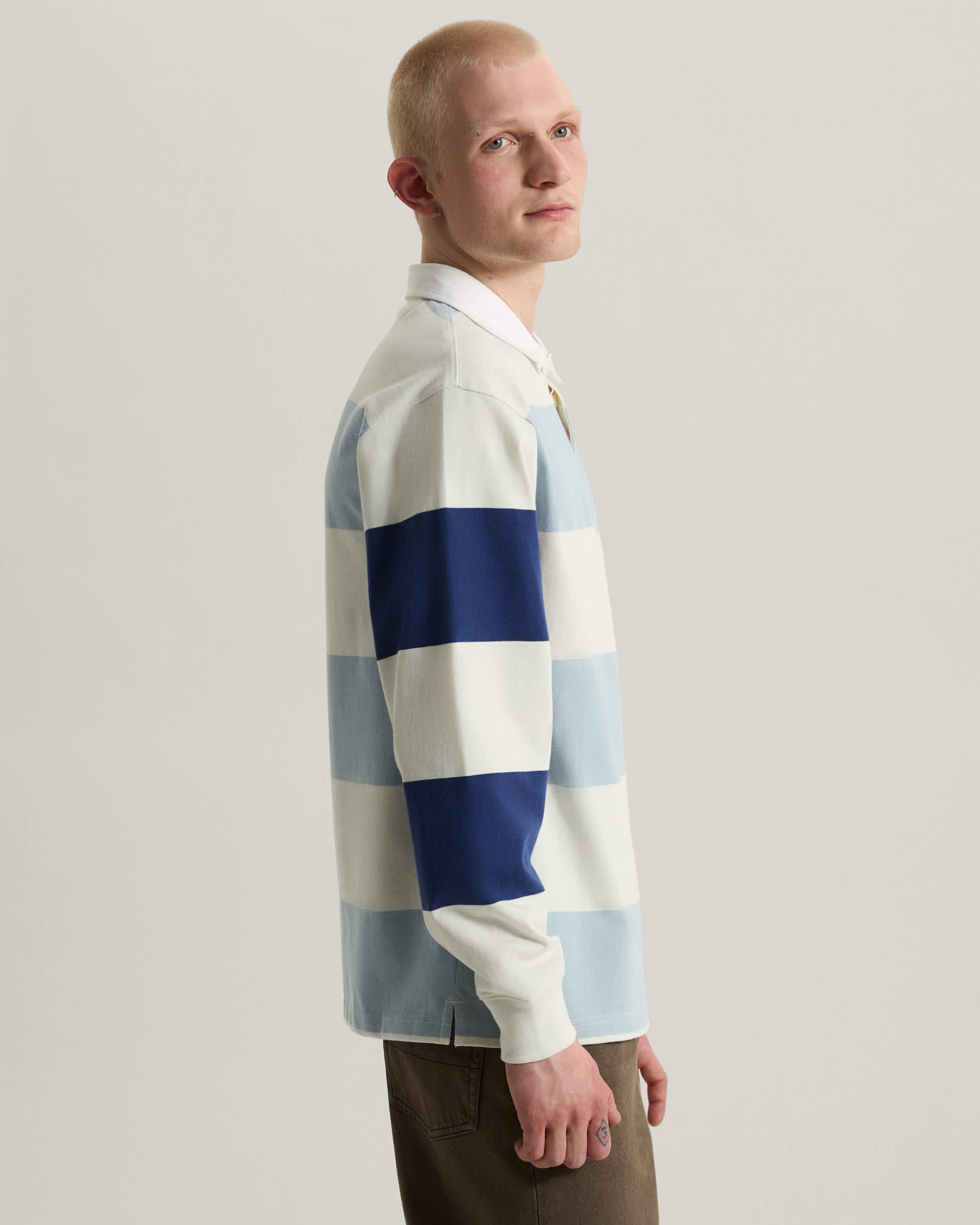 Vans 2-Tone Stripe Ward Rugby Long Sleeve in Marshmallow/Soft Slate — on-model side