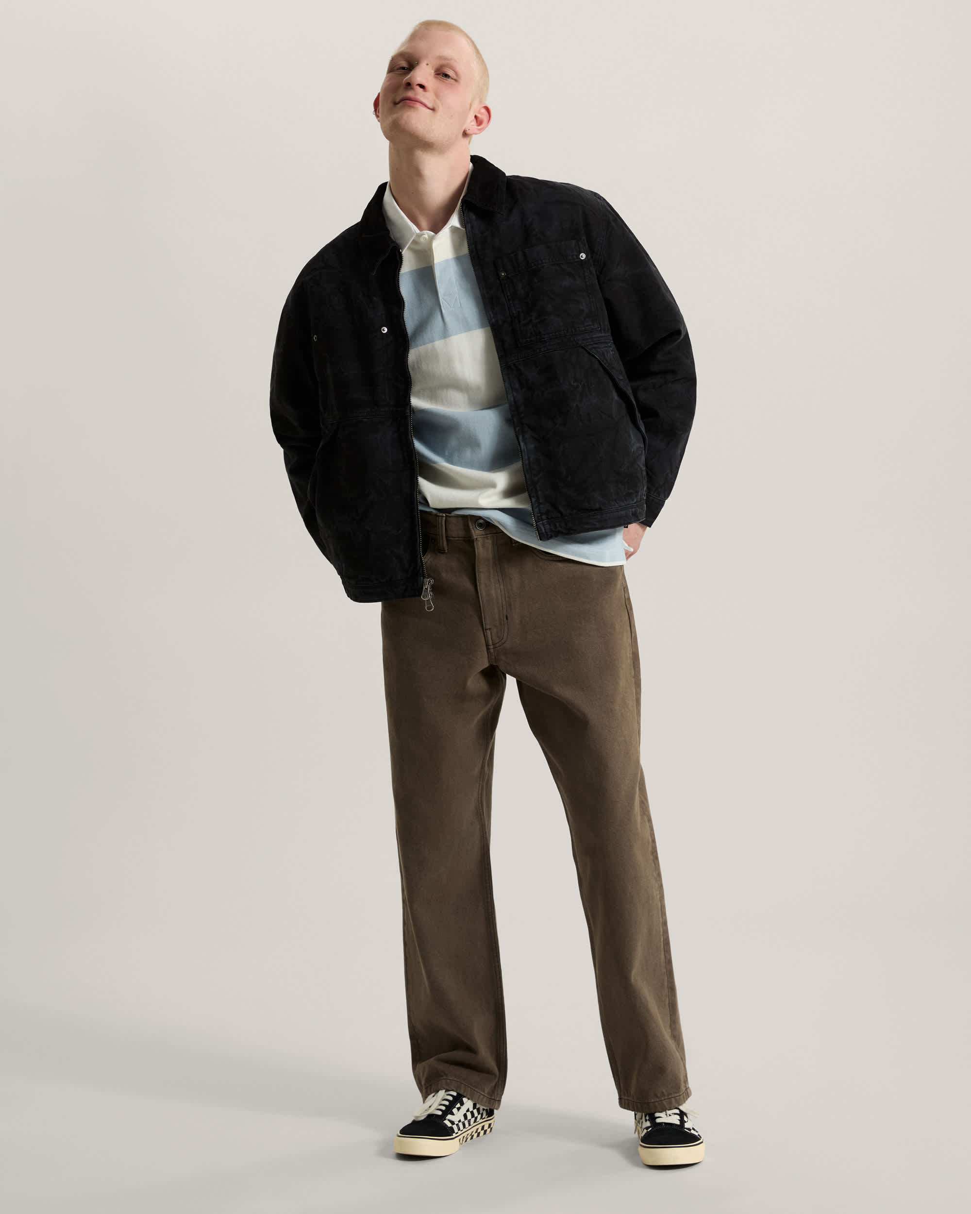 Vans 2-Tone Stripe Ward Rugby Long Sleeve in Marshmallow/Soft Slate — full length on-model