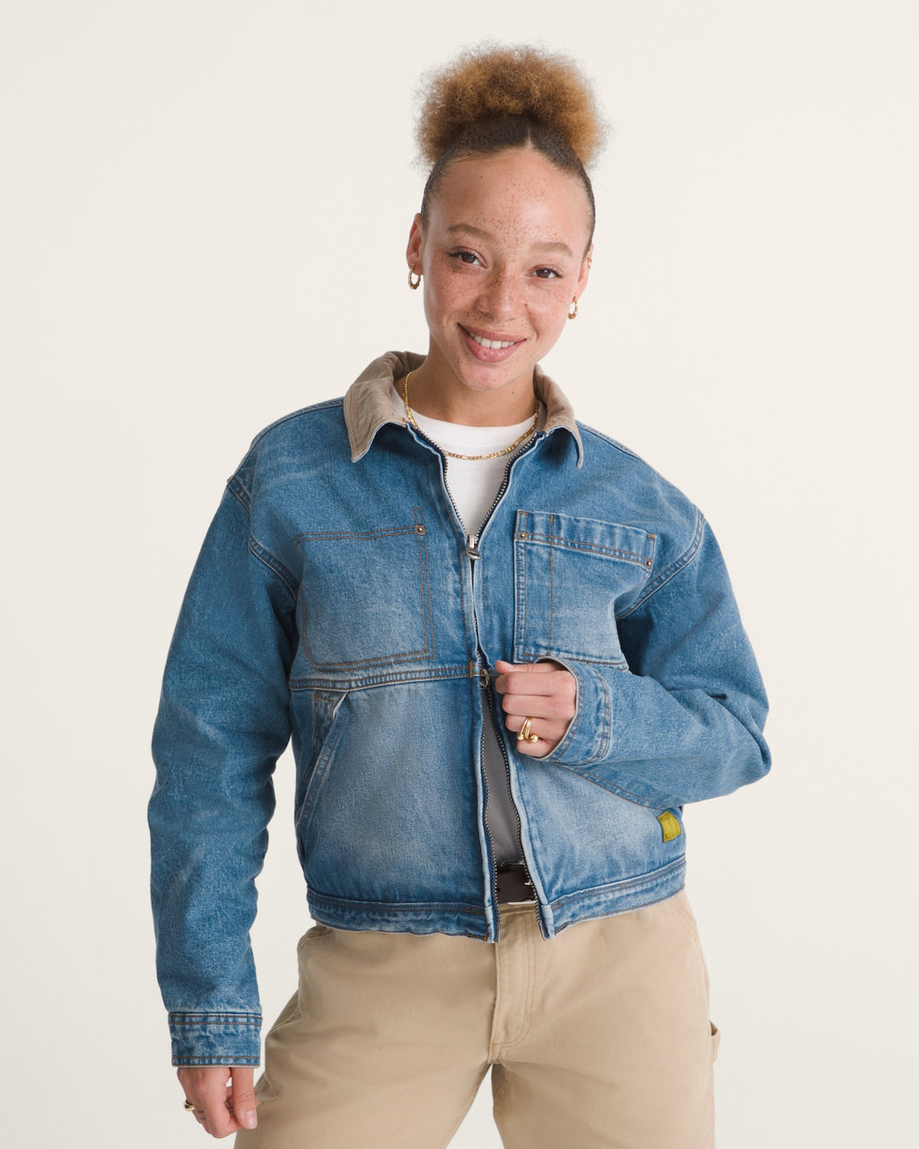 Vans Women's Nicola Cropped Chore Denim Jacket in Distressed Stone, on model front