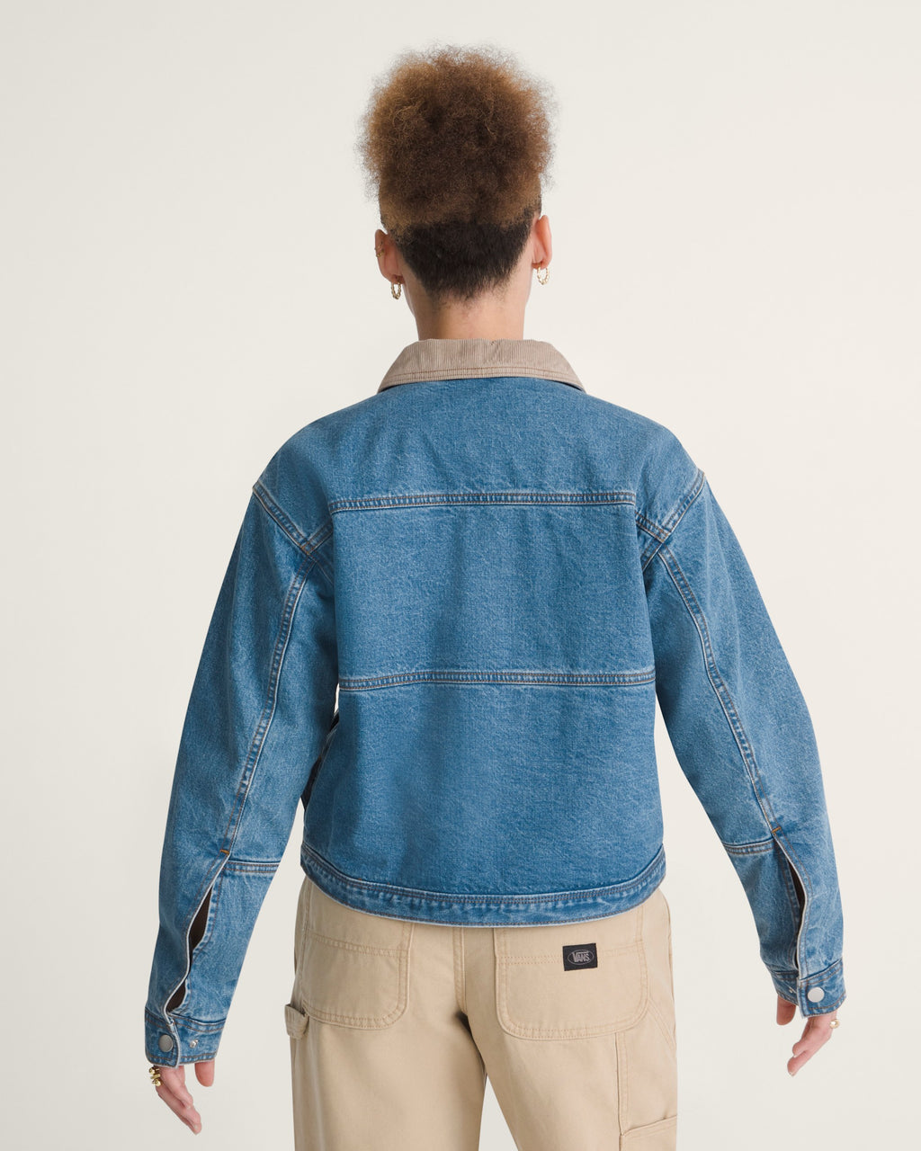Vans Women's Nicola Cropped Chore Denim Jacket in Distressed Stone, on model back