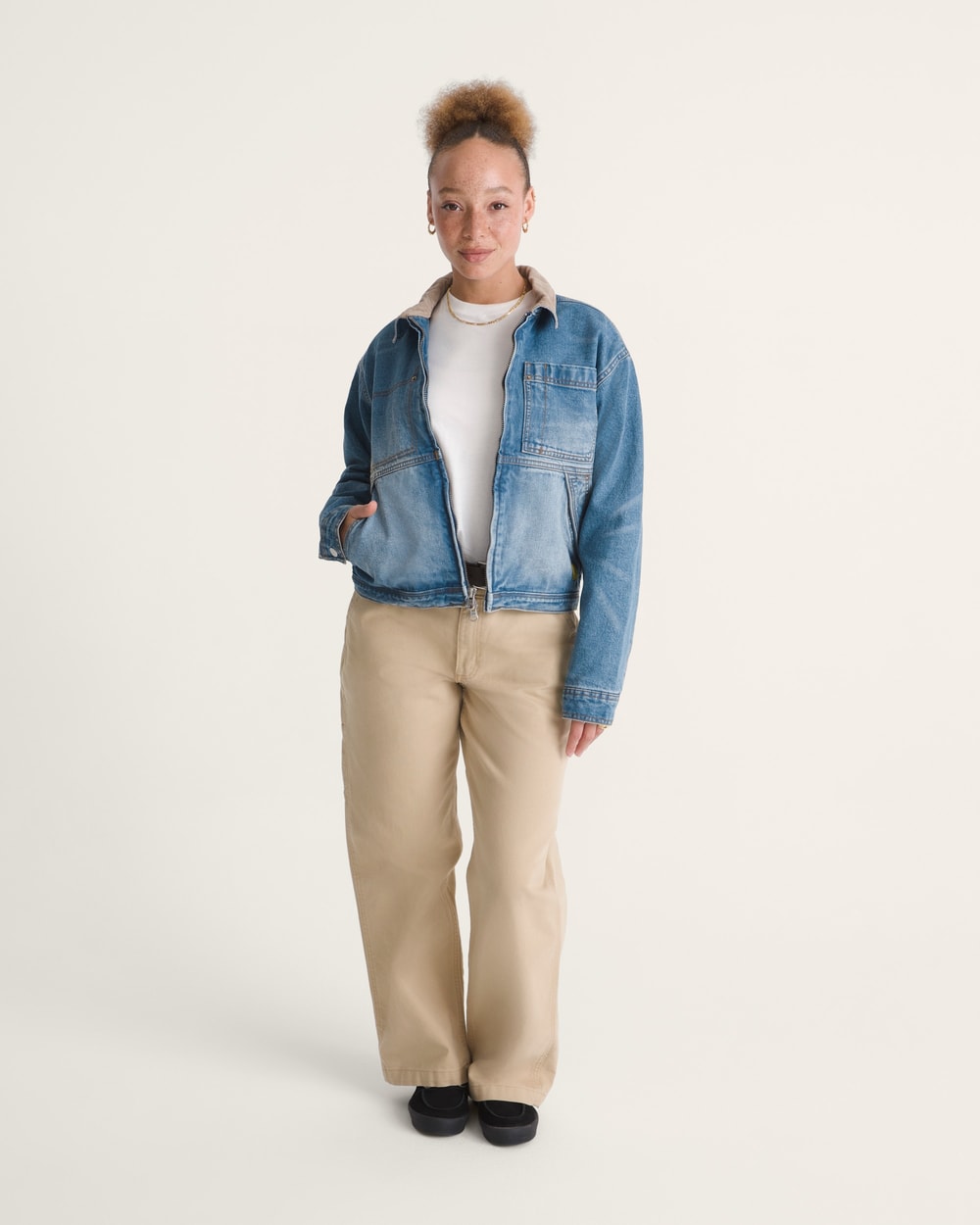 Vans Women's Nicola Cropped Chore Denim Jacket in Distressed Stone, full length