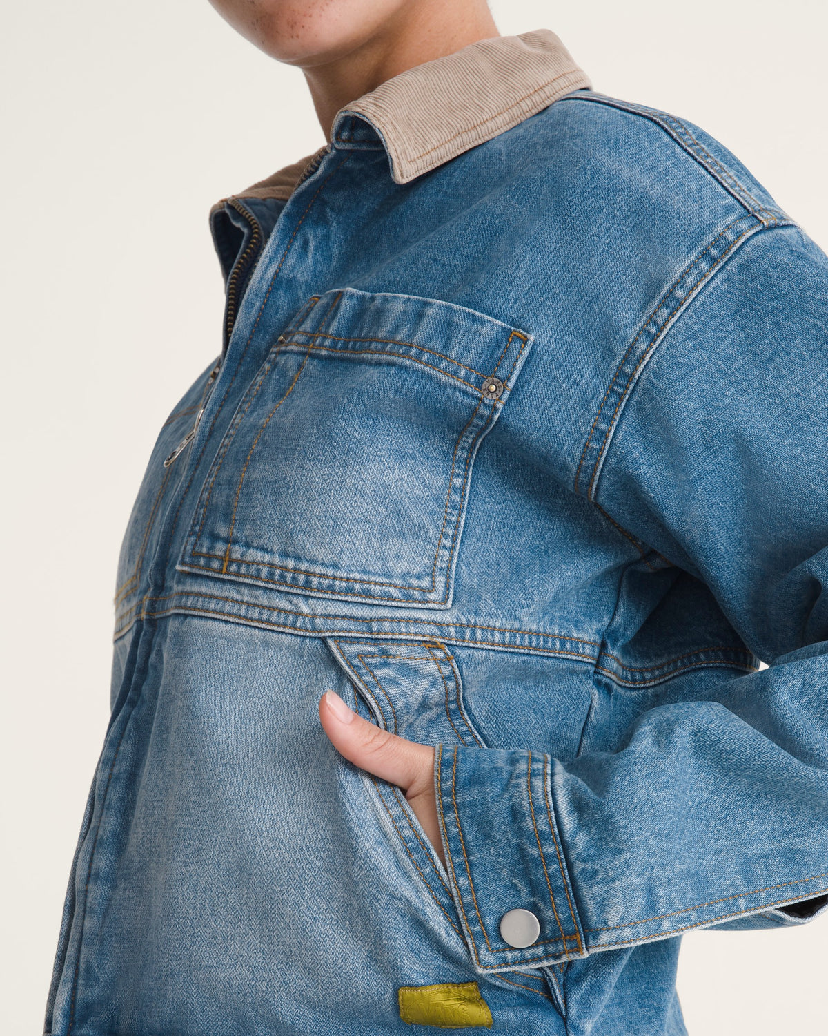 Vans Women's Nicola Cropped Chore Denim Jacket in Distressed Stone, pocket detail