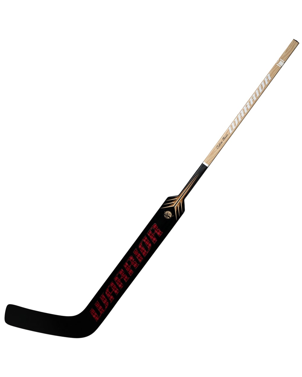 Warrior Intermediate Cabin Fever Goalie Stick - Tan/Black, angled view