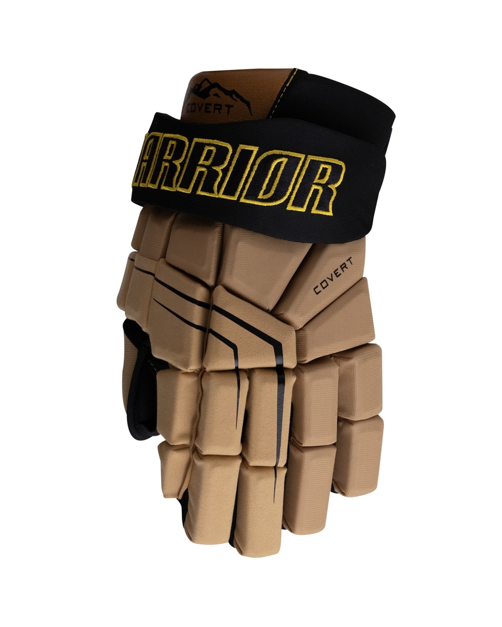 Warrior Senior Covert QR7 Team Hockey Gloves - Cabin Fever - TAN, angled view