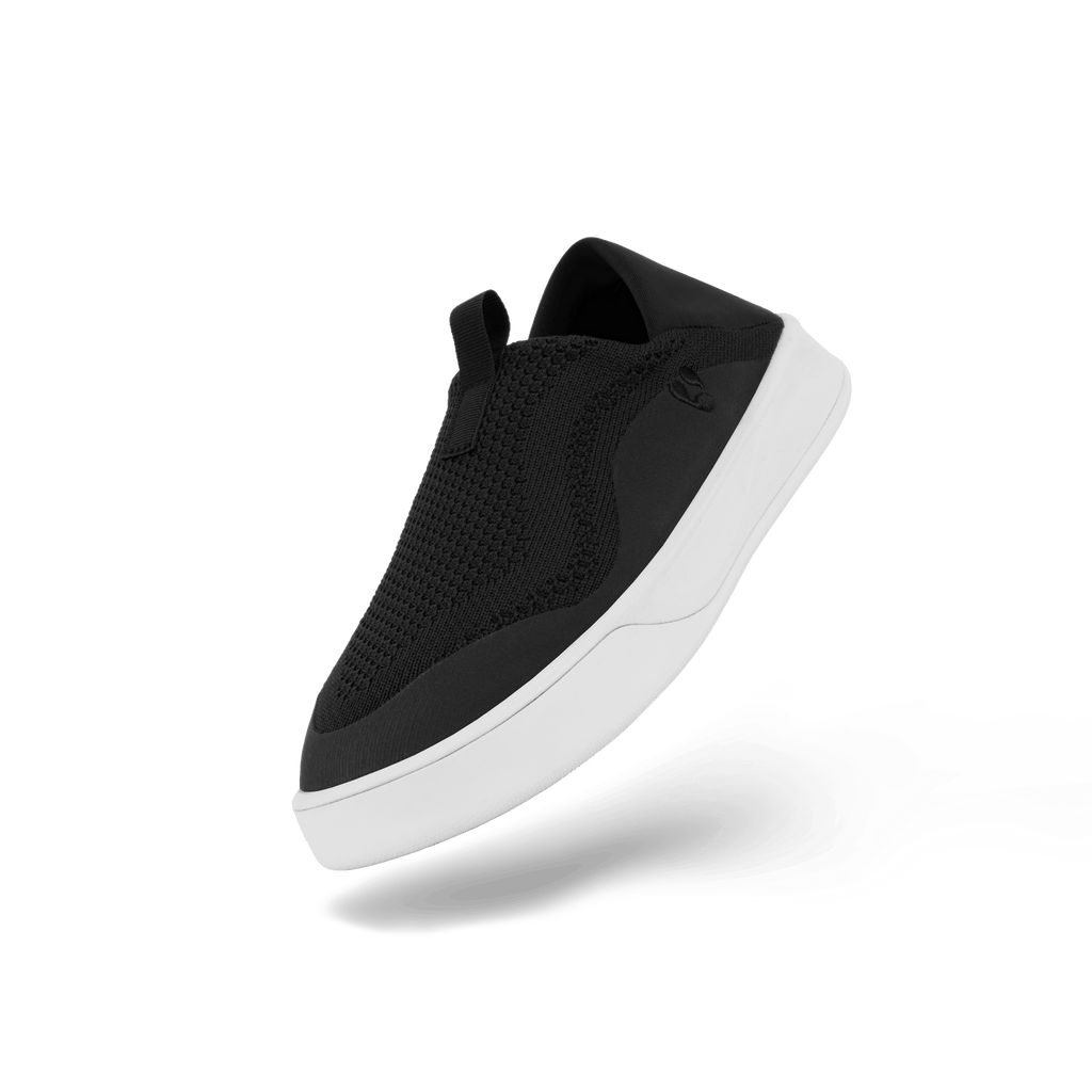 Vessi Men's Weekend Slip-On Sneaker - BLACK/WHITE, front three-quarter