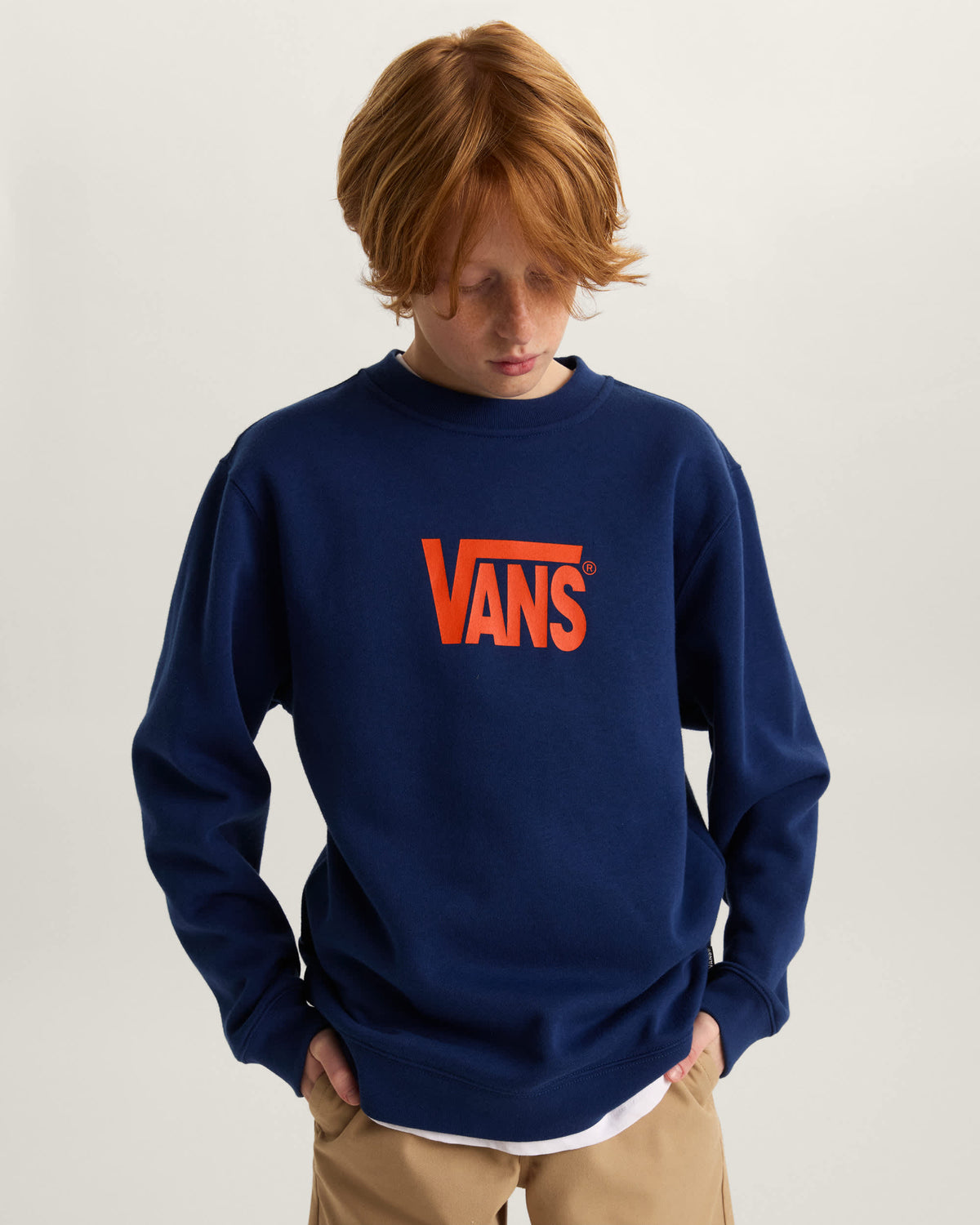 Vans Youth Stretch Logo Crewneck Sweatshirt Blue on model