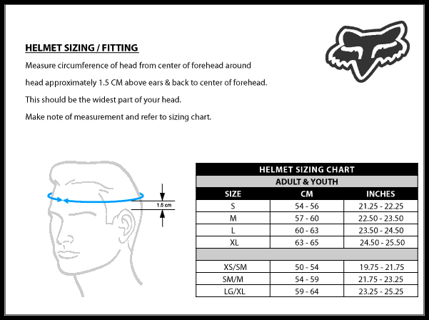 Fox v3 deals helmet size chart